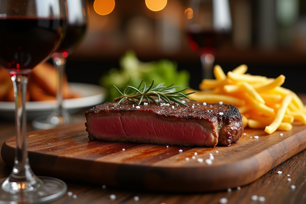 Steak appétissant sur planche en bois avec frites et vin rouge