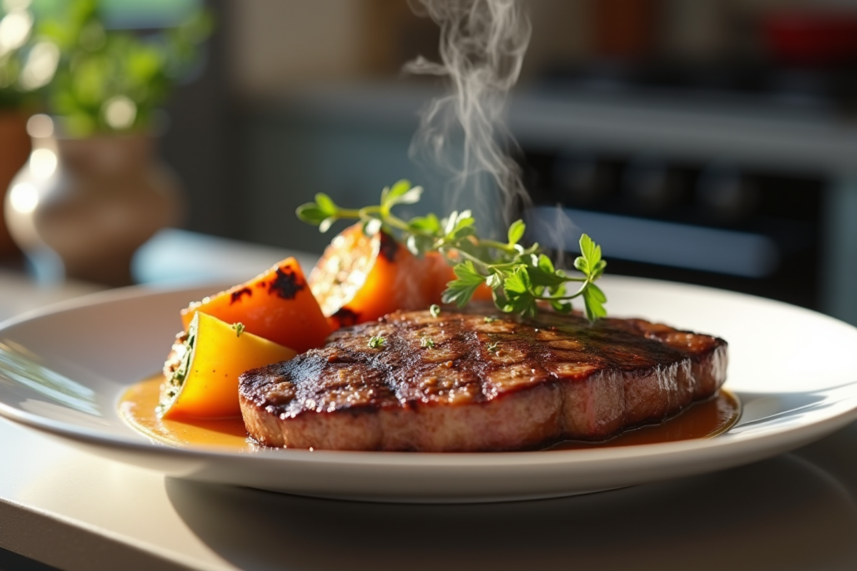 Steak tranché avec légumes rôtis dans une assiette élégante