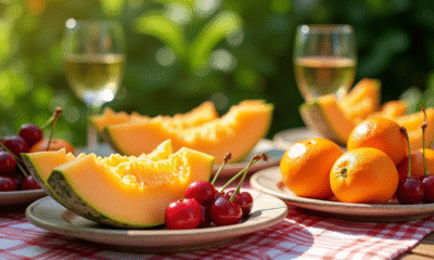 Table de pique-nique estivale avec melon cerises et clémentines