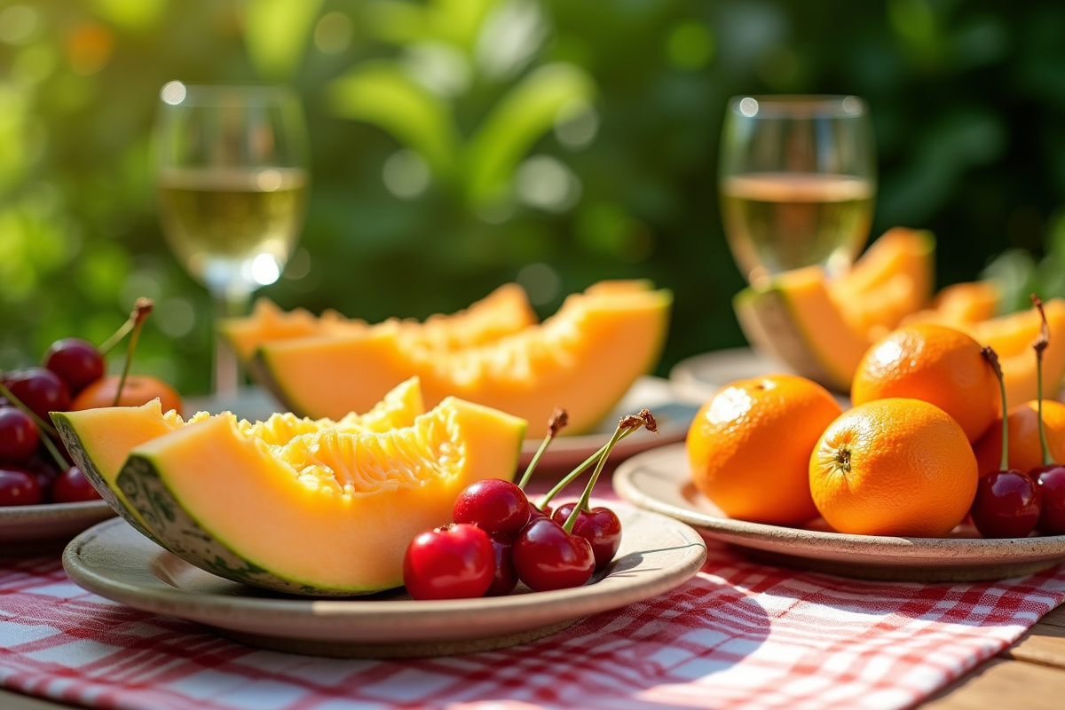 Table de pique-nique estivale avec melon cerises et clémentines