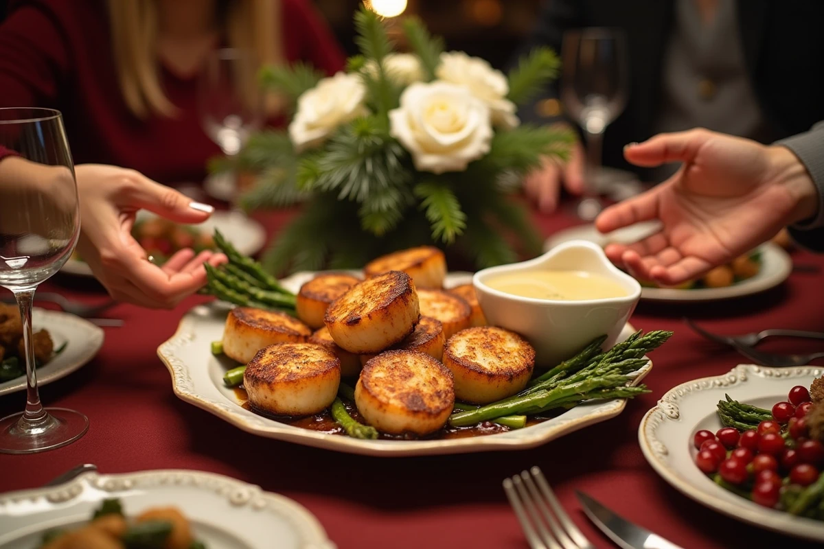 Table de fête de Noël avec un plat de coquilles Saint-Jacques dorées entourées d'asperges rôties et d'une sauce beurre blanc au champagne