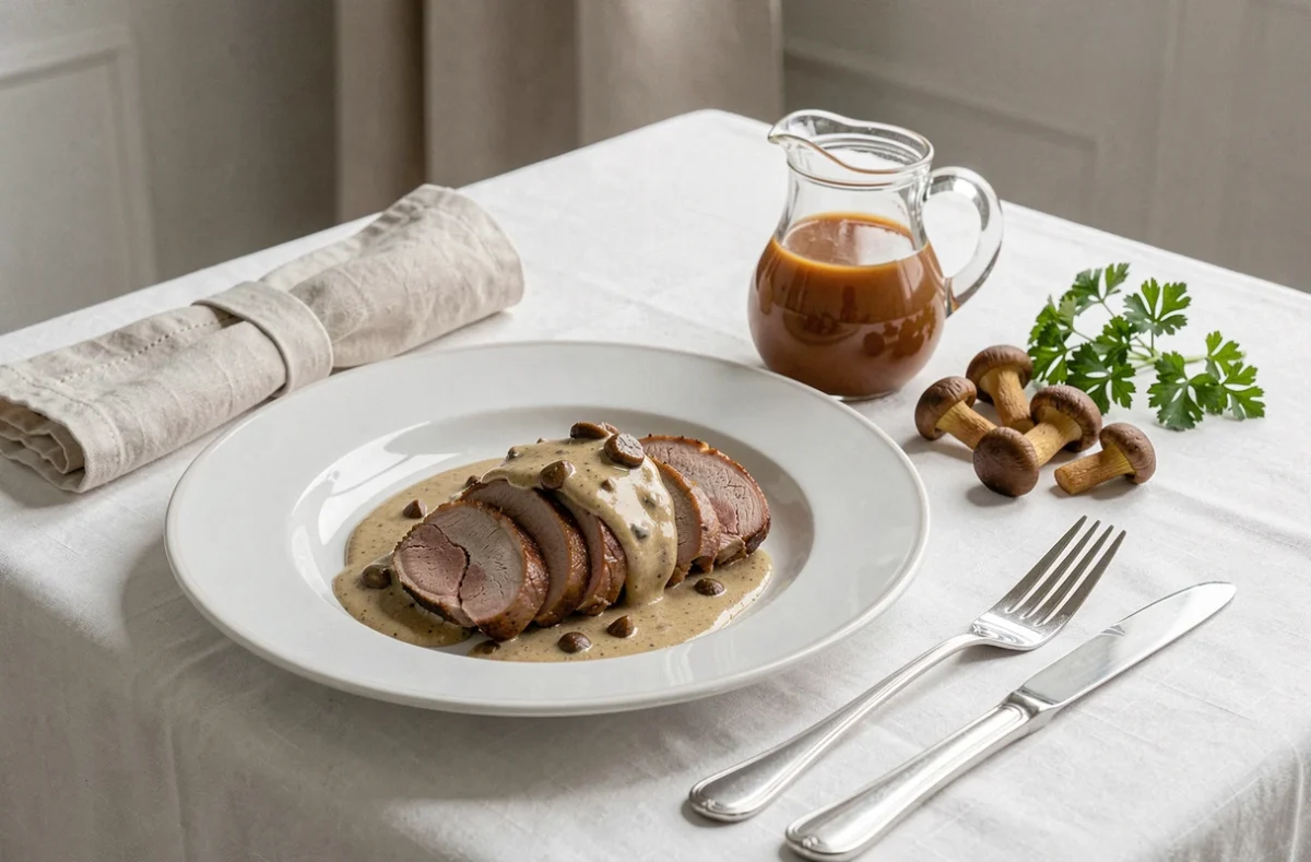 Table dressée avec sauce aux cèpes et foie gras dans une carafe et magret de canard sur assiette gastronomique
