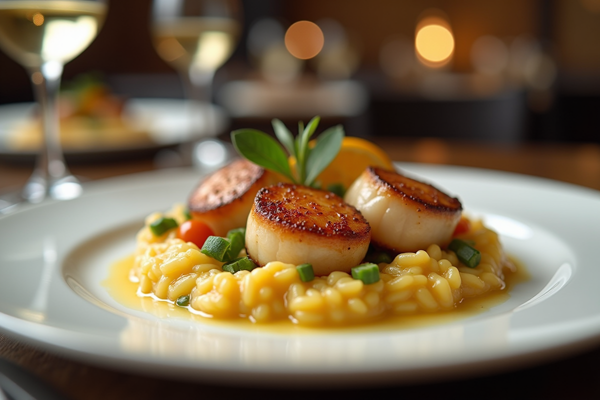 Table gourmande avec coquilles seichees et risotto citron