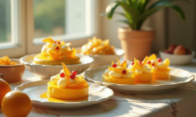 Table élégante avec desserts au yuzu et yumberry