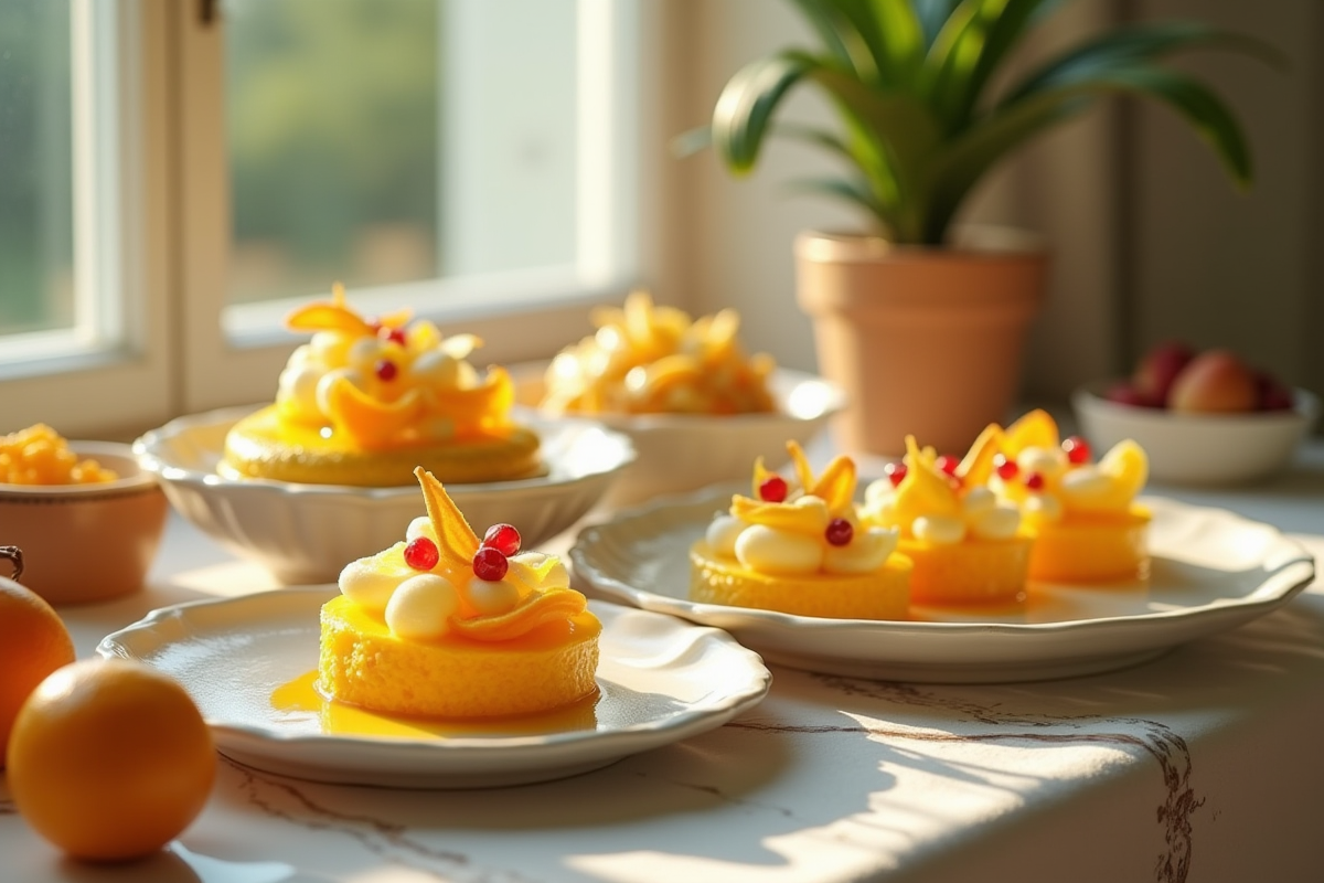 Table élégante avec desserts au yuzu et yumberry