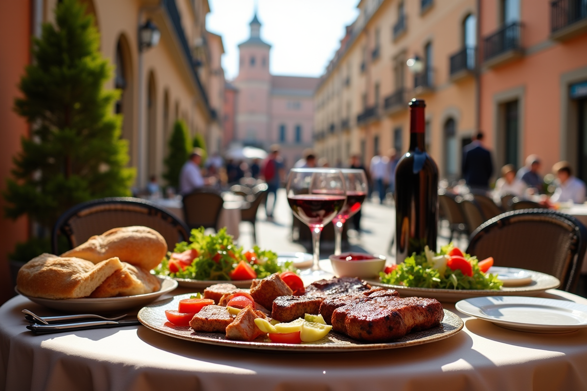 Table sur terrasse à Toulouse avec viande et vin rouge