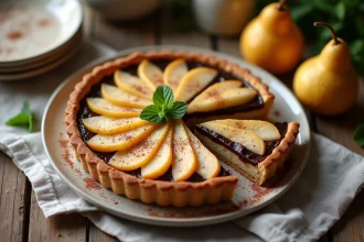 Tarte légère poire et chocolat sur table en bois rustique avec tranche découpée et nappage au cacao