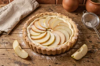 Tarte poire maison rustique vue de dessus sur une table en bois, avec une pâte dorée et des tranches de poires disposées en éventail sur une crème d'amande