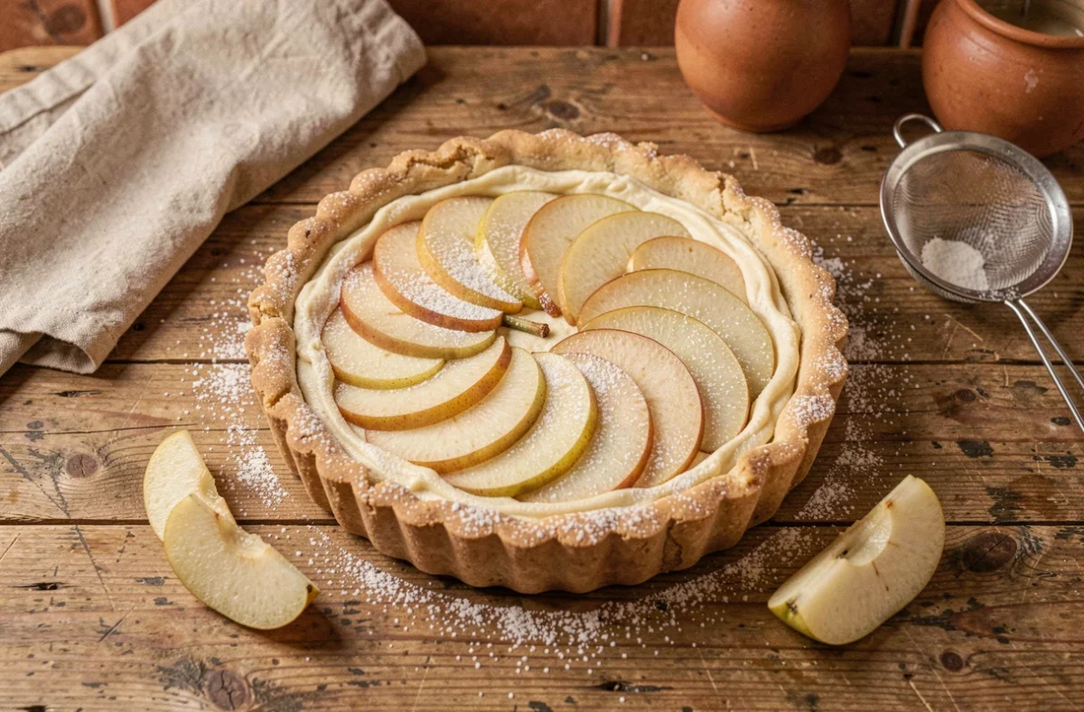 Tarte poire maison rustique vue de dessus sur une table en bois, avec une pâte dorée et des tranches de poires disposées en éventail sur une crème d'amande