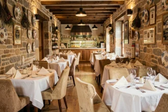 Vue panoramique d'une belle salle de restaurant gastronomique dans le Grand Est, avec nappes blanches et décor régional chaleureux