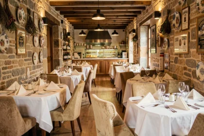 Vue panoramique d'une belle salle de restaurant gastronomique dans le Grand Est, avec nappes blanches et décor régional chaleureux
