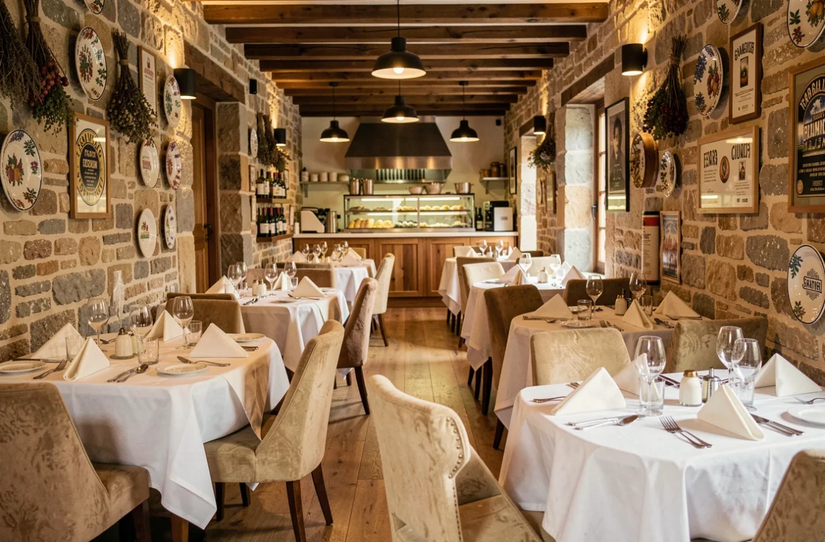 Vue panoramique d'une belle salle de restaurant gastronomique dans le Grand Est, avec nappes blanches et décor régional chaleureux