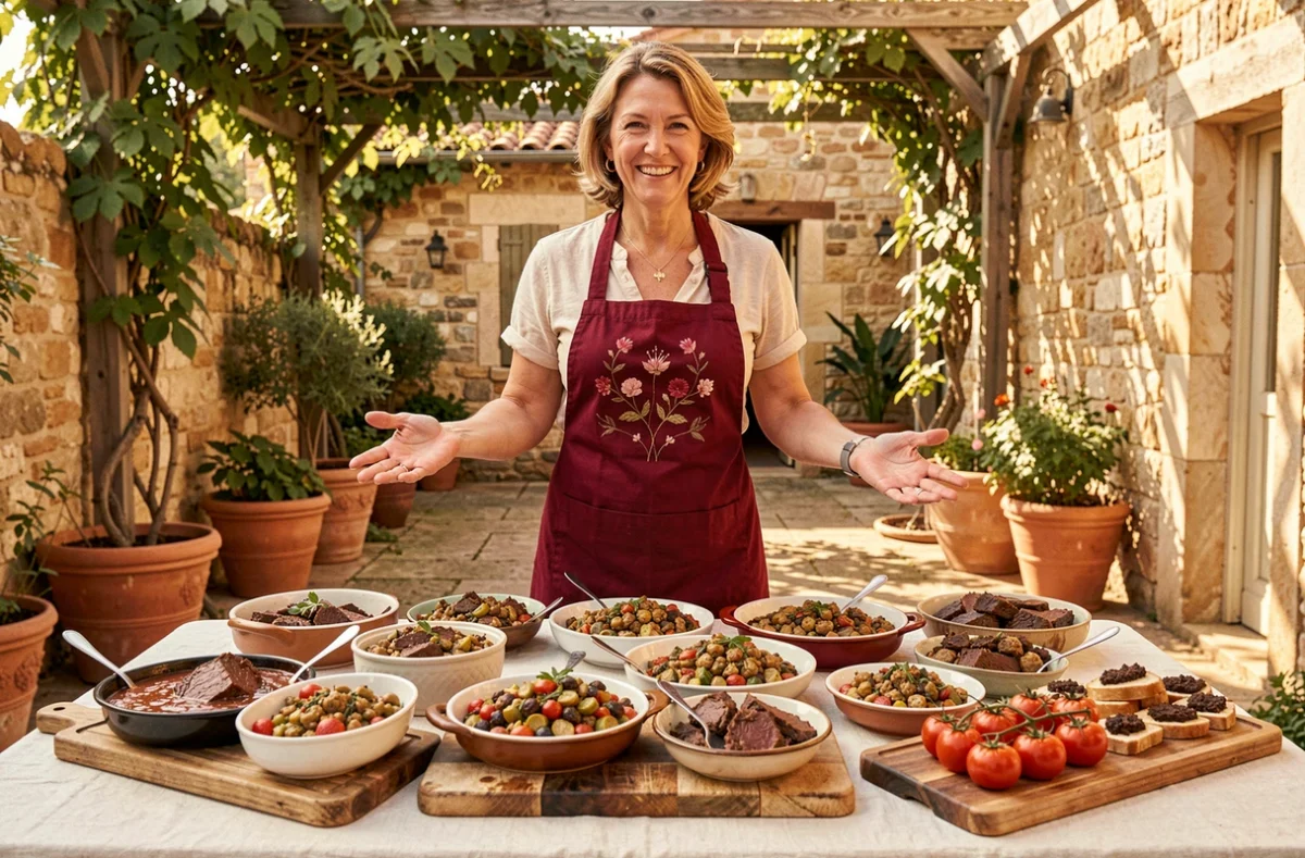 Traiteur Passion présentant un buffet généreux de spécialités provençales dans un jardin ensoleillé