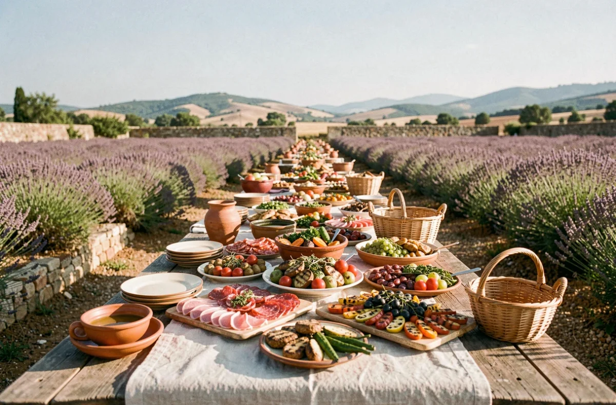 Table de traiteur provençal dressée en plein air dans les Bouches-du-Rhône avec des spécialités régionales