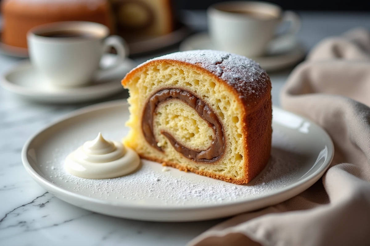 Tranche de gâteau moelleux aux marrons sur assiette blanche avec crème fraîche, révélant une texture fondante et dense à l'intérieur