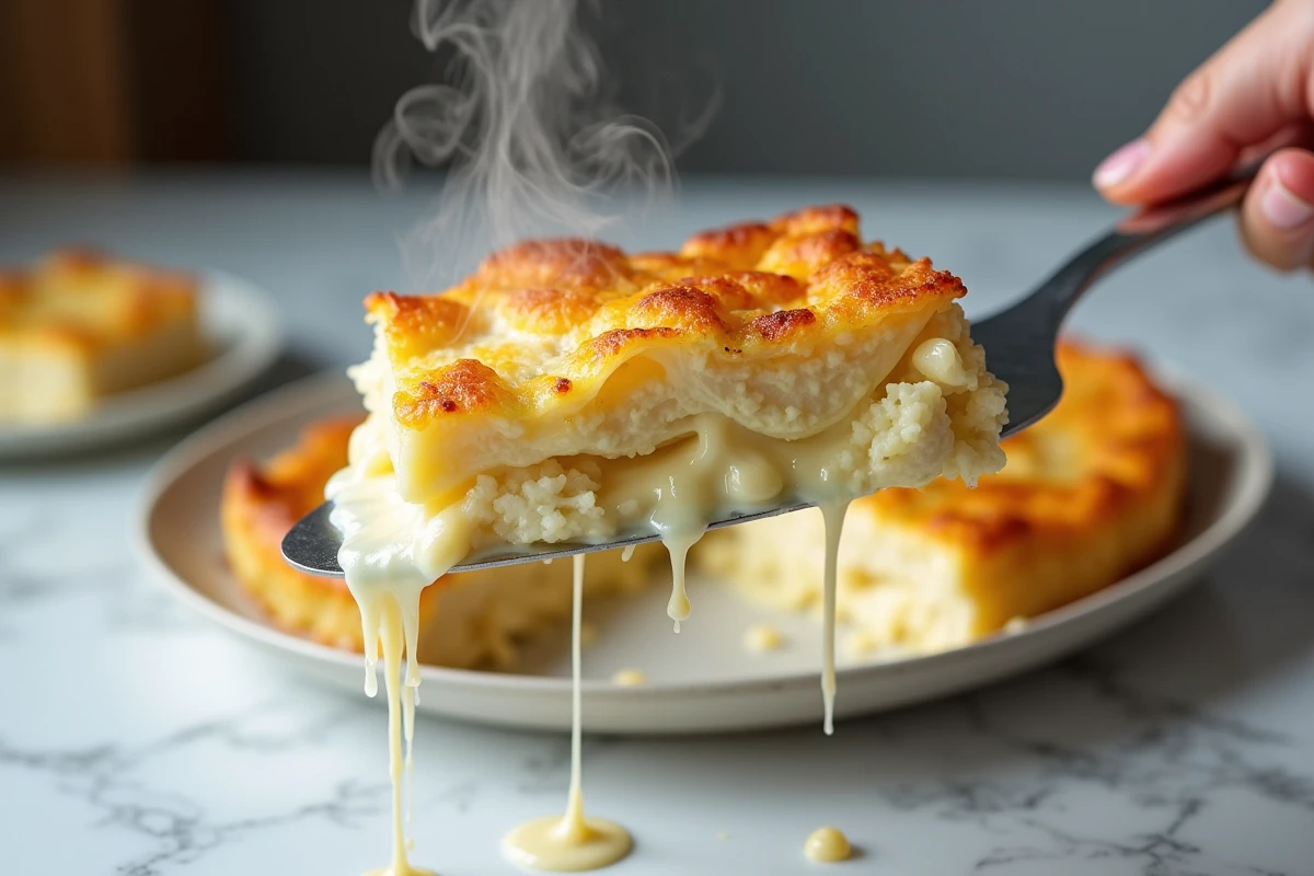 Tranche de gratin de chou fleur et pommes de terre soulevée par une spatule révélant des couches crémeuses et du fromage fondu filant