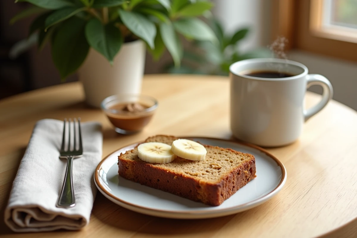 Tranche de pain aux bananes à la farine complète avec beurre d'amande servie avec un café sur une table en bois