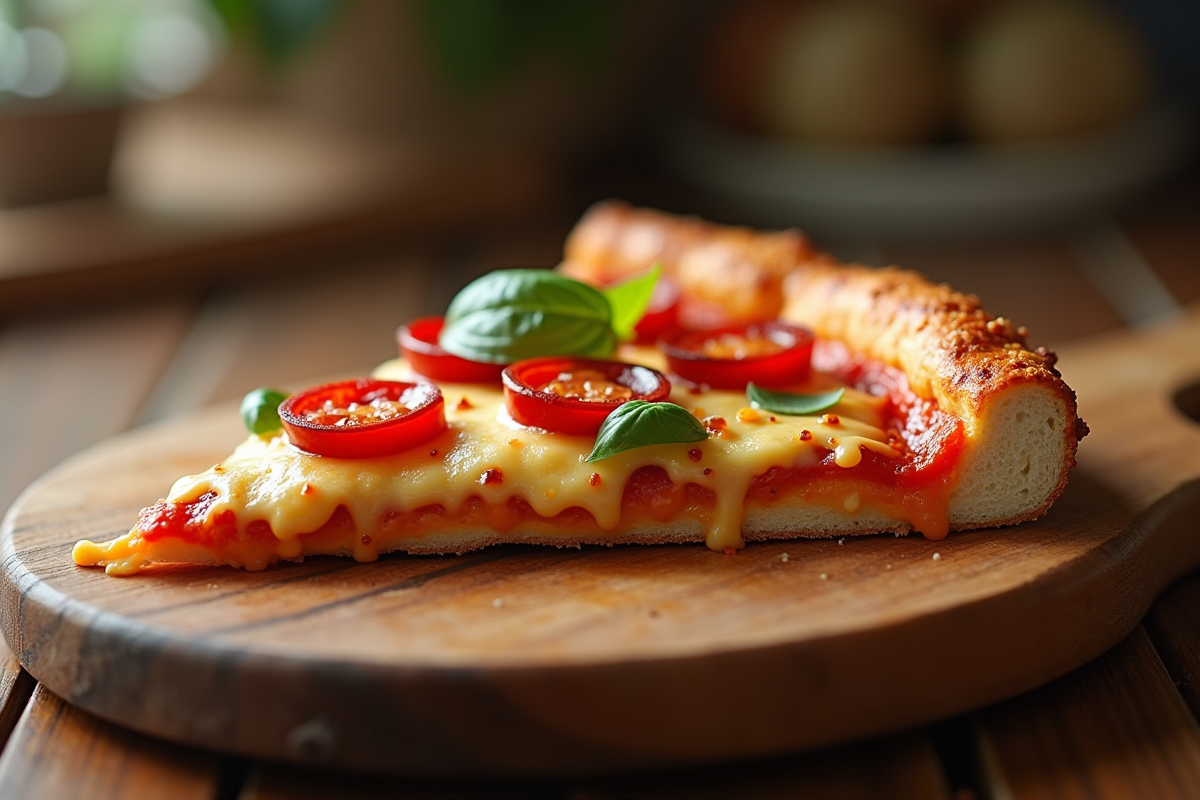 Tranche de pizza chorizo avec fromage fondu et toppings