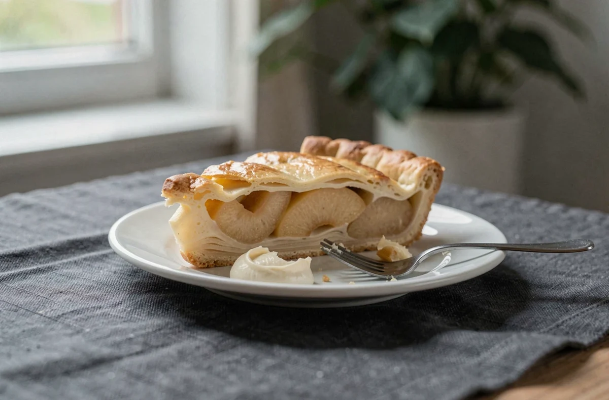 Tranche de tarte poire servie sur une assiette blanche avec une cuillerée de crème fraîche, photographiée en gros plan sur une nappe en lin gris ardoise