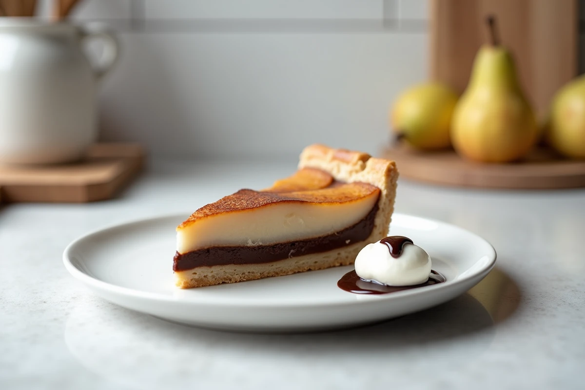 Tranche de tarte poire chocolat légère sur assiette blanche avec yaourt grec et sauce chocolat
