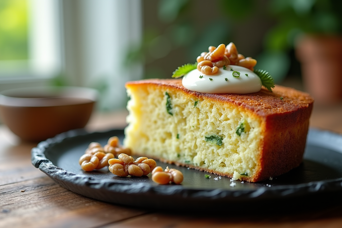 Tranche de tarte zucchini et chèvre avec noix et yaourt