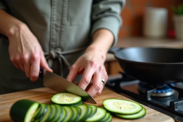 Mains d'un cuisinier tranchant des courgettes fraîches en rondelles régulières sur une planche en bois rustique avant une poêlée