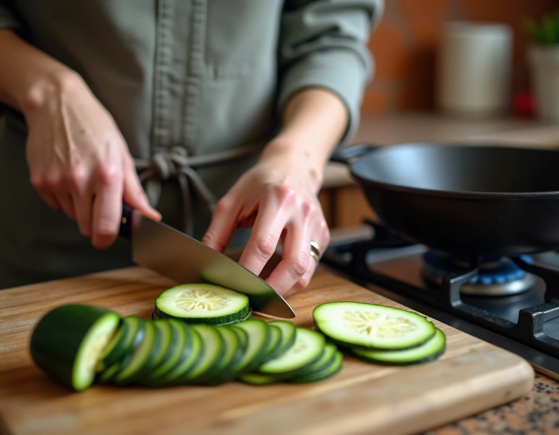 Mains d'un cuisinier tranchant des courgettes fraîches en rondelles régulières sur une planche en bois rustique avant une poêlée
