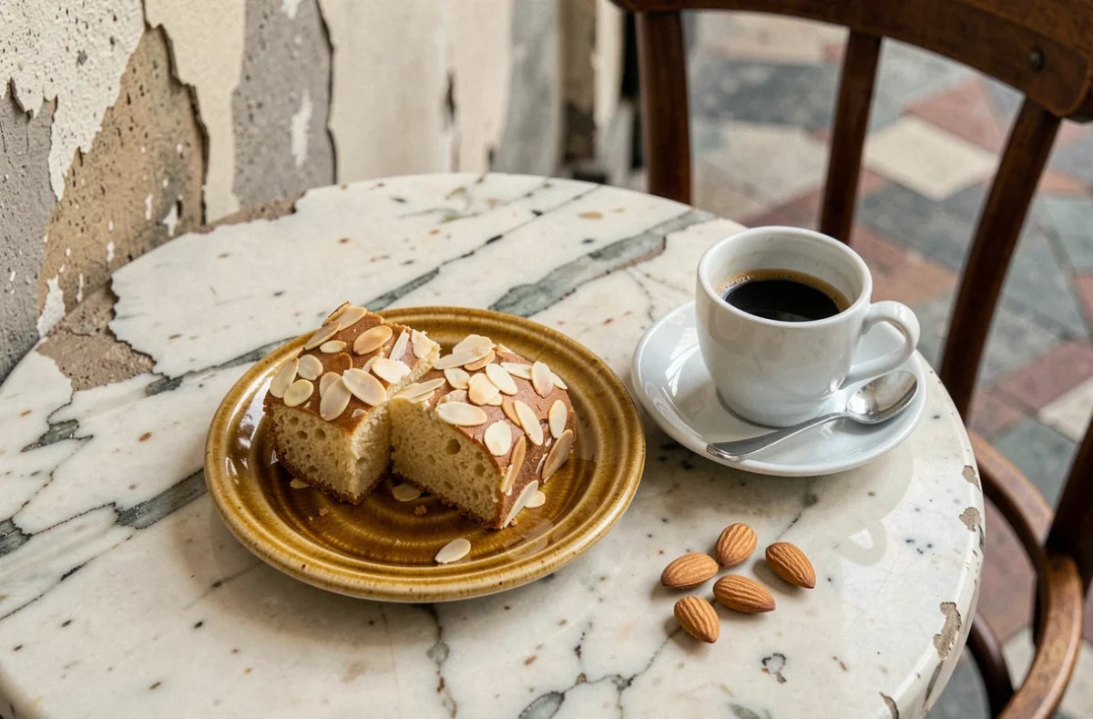 Deux tranches de gâteau aux amandes avec un expresso sur une table de café italien en marbre