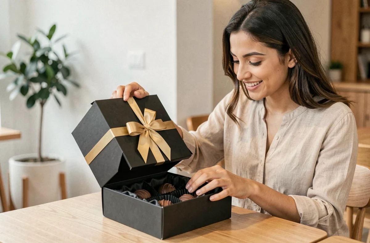 Femme dégustant une boîte de chocolats Dubai premium lors d'un unboxing dans un café moderne