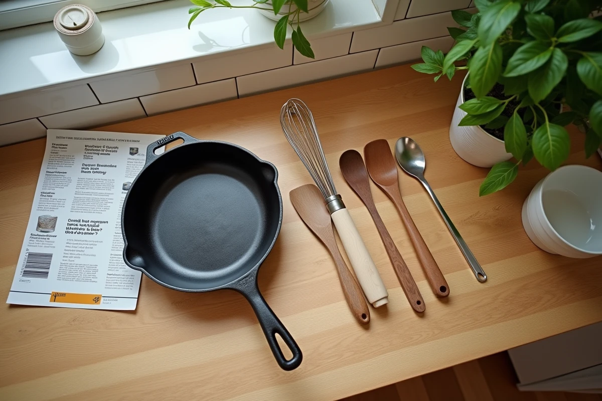 Sélection d'ustensiles de cuisine économiques et d'occasion disposés sur un plan de travail en bois avec des bons de réduction