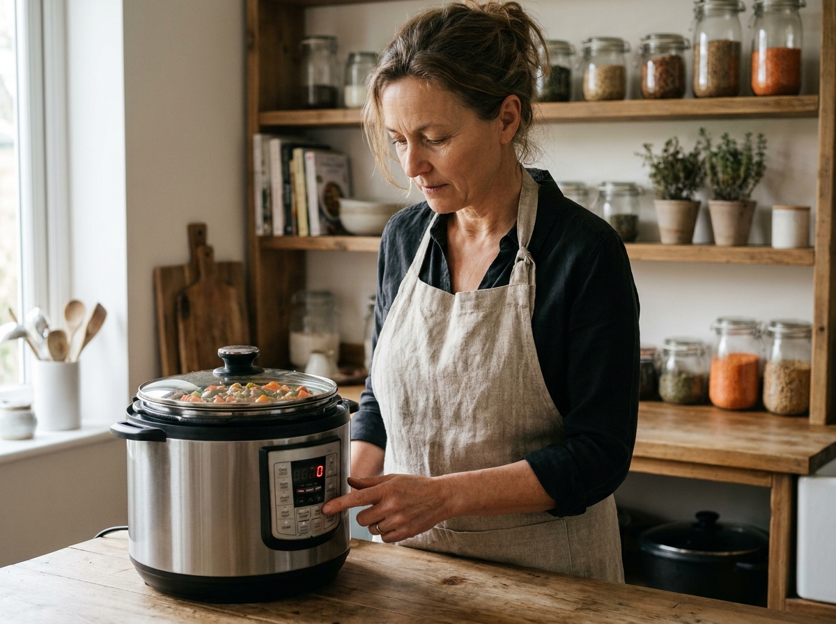Femme utilisant un multicuiseur électrique dans une cuisine chaleureuse avec des étagères en bois et des légumes frais