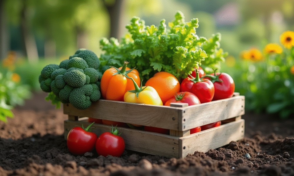 Légumes et fruits frais dans une caisse en bois dans un jardin