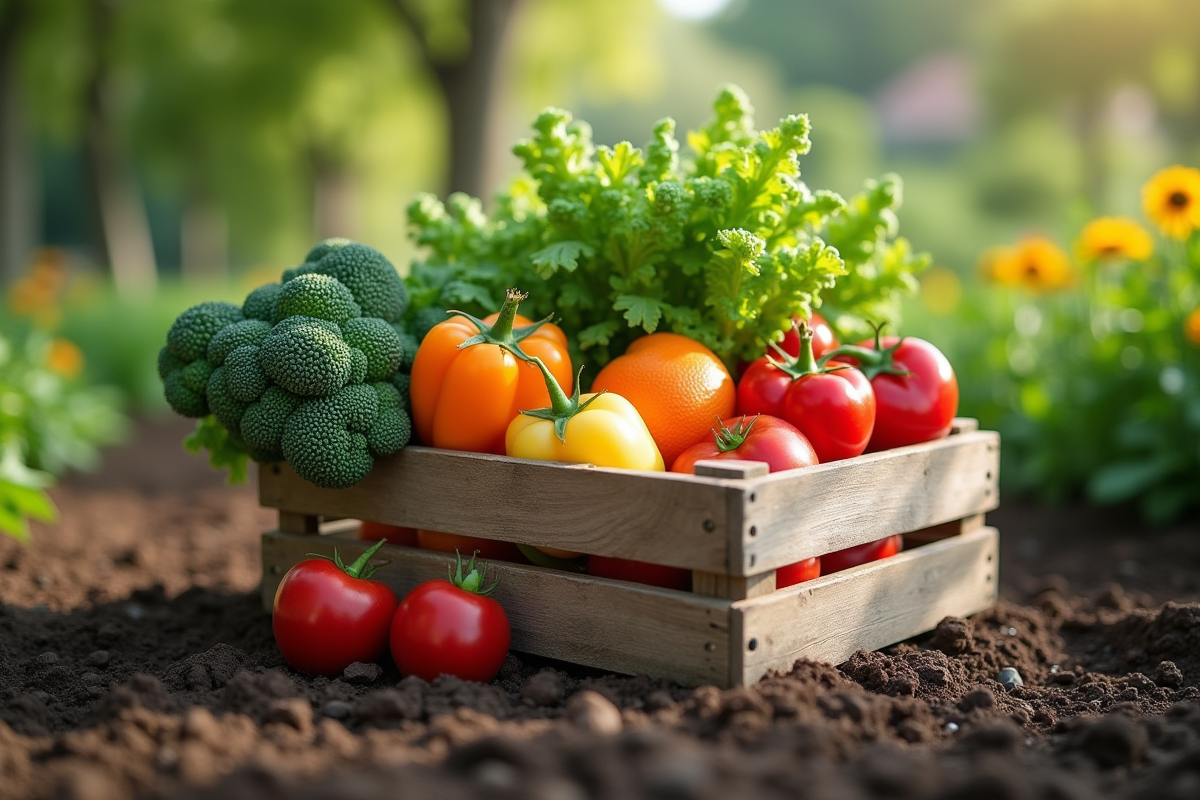 Légumes et fruits frais dans une caisse en bois dans un jardin