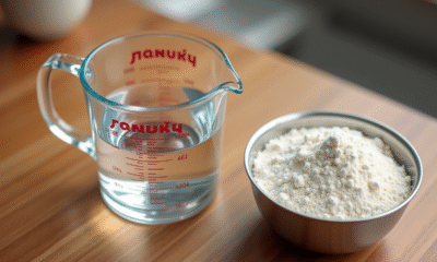 Verre mesureur avec eau et bol de farine sur plan de cuisine