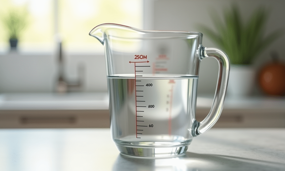Verre mesure eau de 250 ml sur plan de travail lumineux