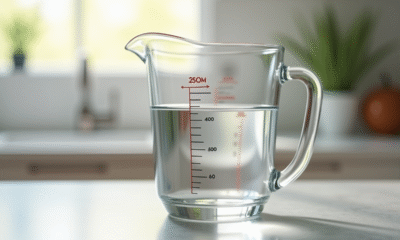 Verre mesure eau de 250 ml sur plan de travail lumineux