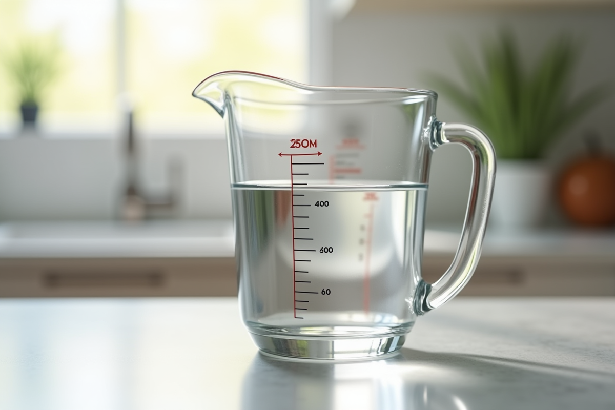 Verre mesure eau de 250 ml sur plan de travail lumineux