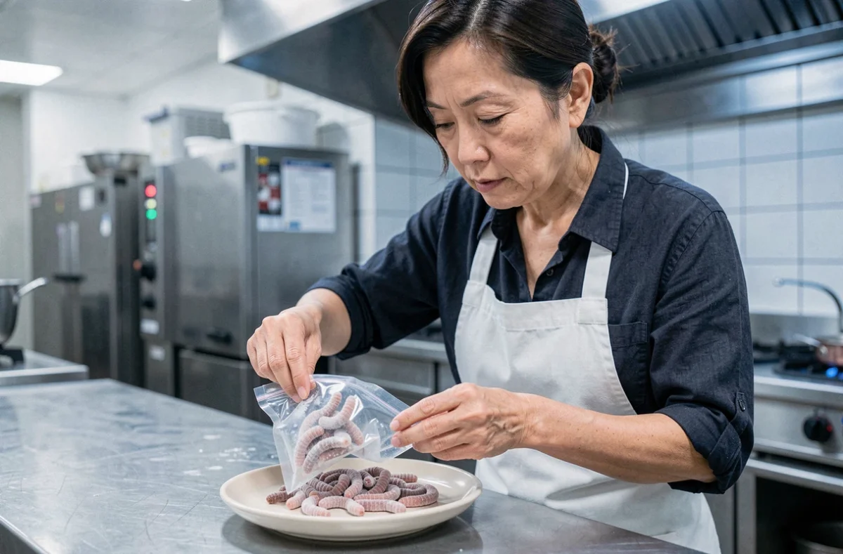 Cheffe cuisinière préparant des vers de coco surgelés dans une cuisine professionnelle moderne