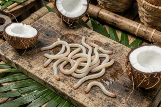 Vers de coco vivants disposés sur une planche en bois avec des noix de coco fraîches dans un marché tropical rustique