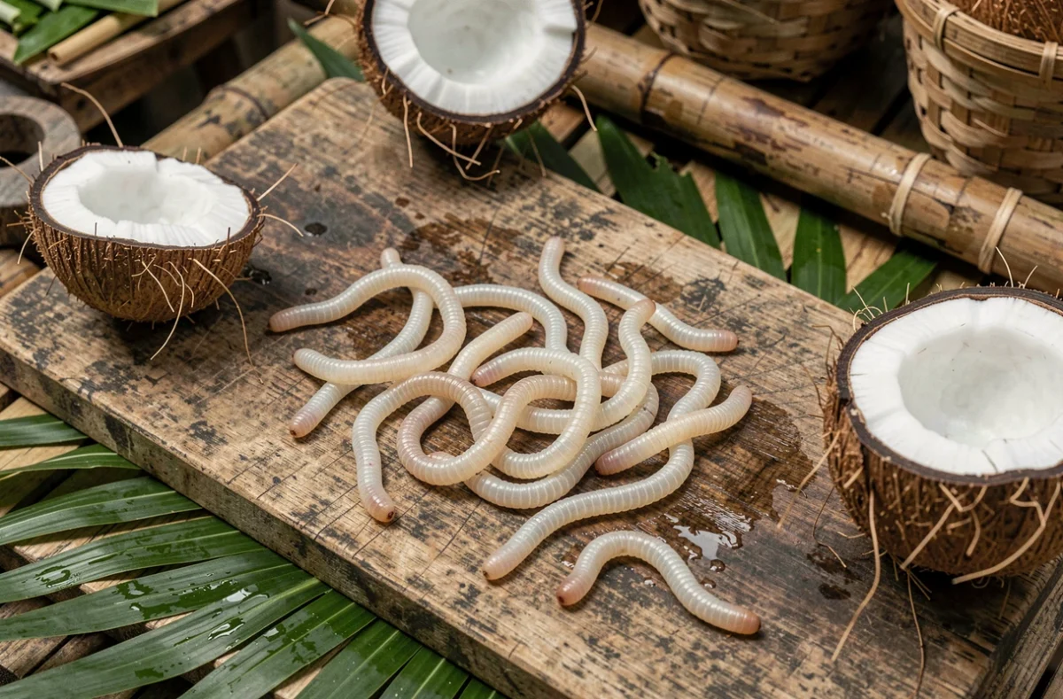 Vers de coco vivants disposés sur une planche en bois avec des noix de coco fraîches dans un marché tropical rustique
