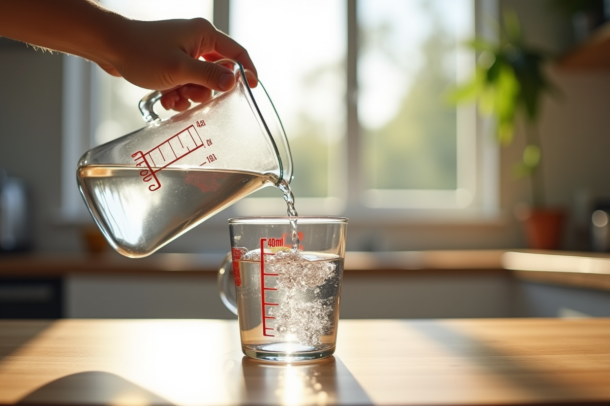 Versement d'eau dans un verre mesureur sur plan de travail