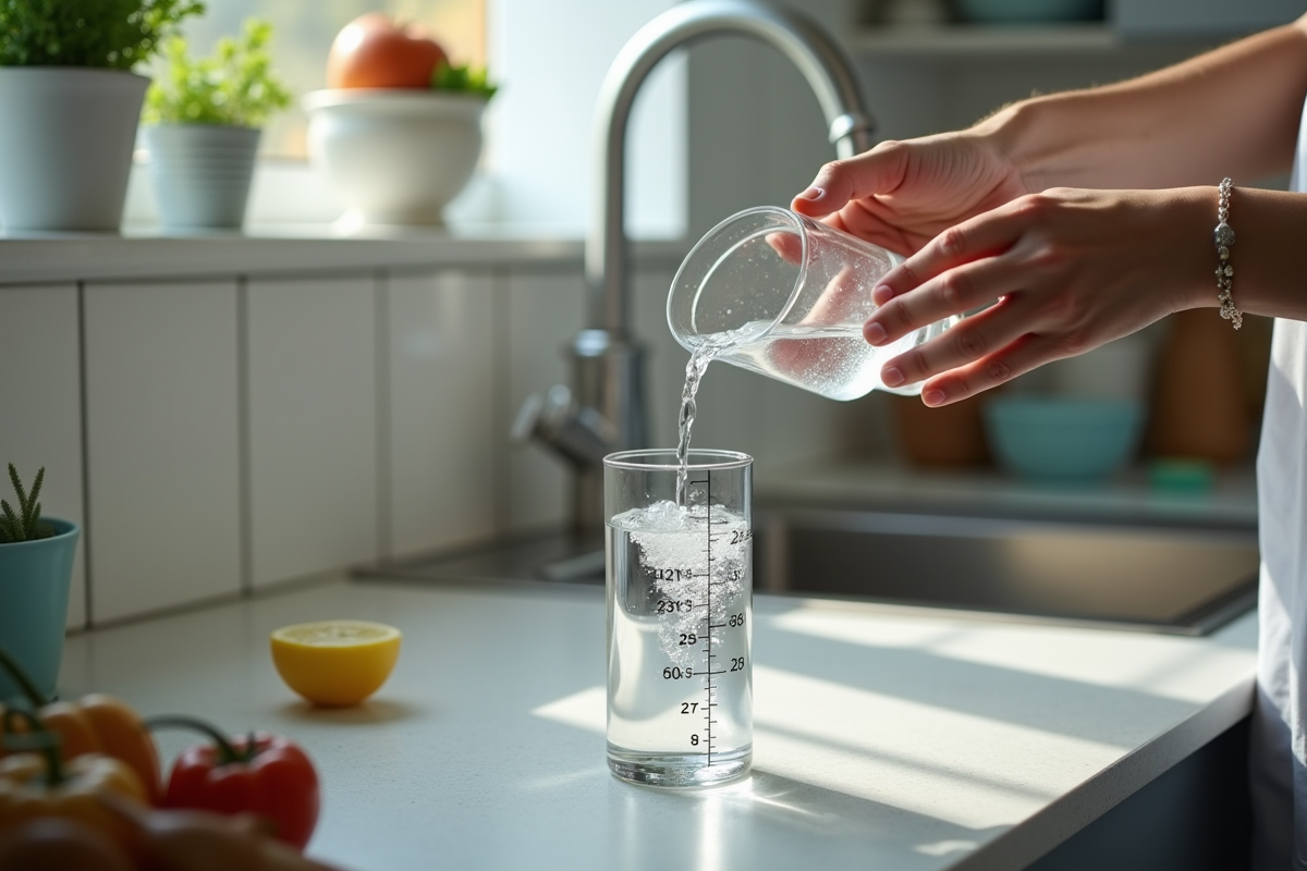 Mains versant eau dans cylindre gradué en cuisine
