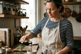 Femme versant du vinaigre balsamique dans un bol en céramique sur un comptoir de cuisine rustique en bois