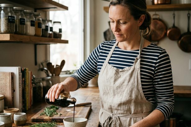 Femme versant du vinaigre balsamique dans un bol en céramique sur un comptoir de cuisine rustique en bois