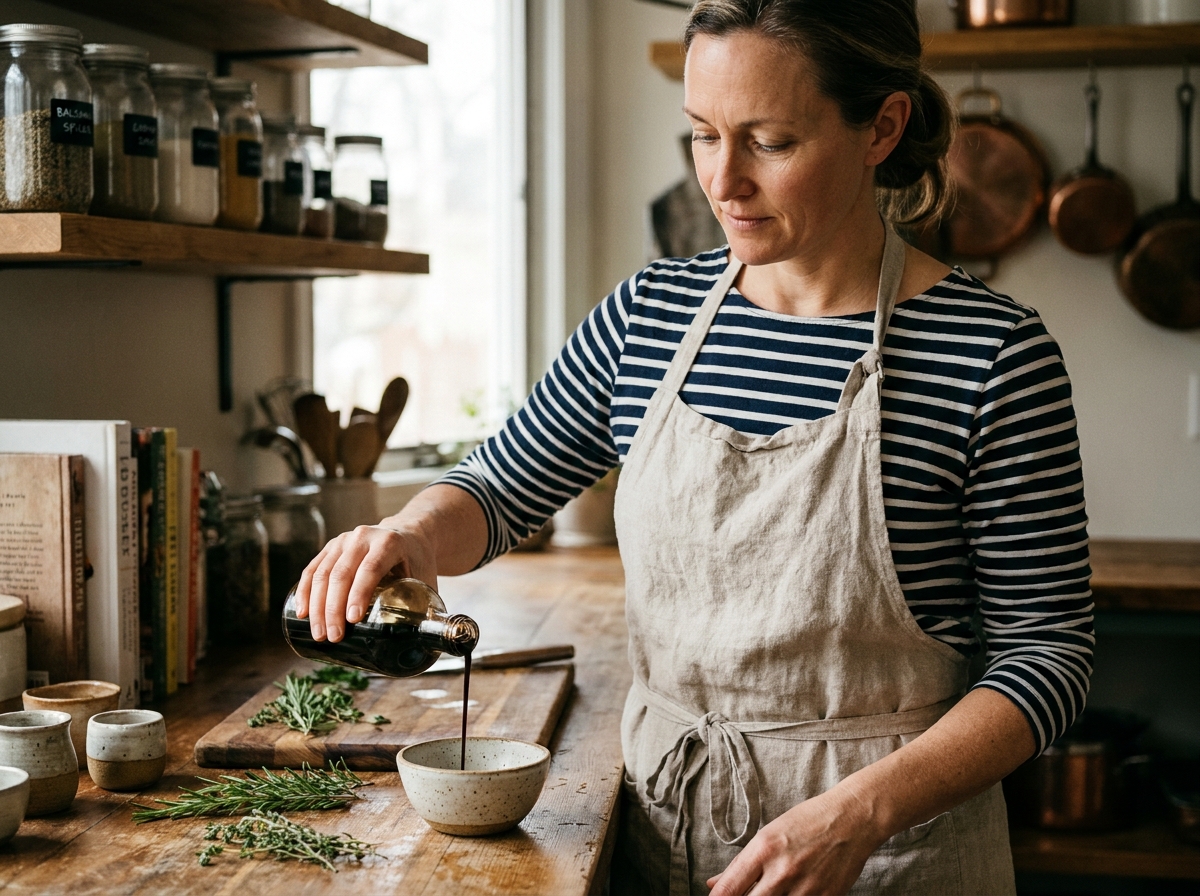 Femme versant du vinaigre balsamique dans un bol en céramique sur un comptoir de cuisine rustique en bois