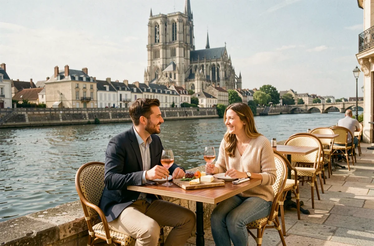Terrasse du Vivier place du Don à Amiens avec tables en osier au bord de la Somme et la cathédrale gothique visible en arrière-plan