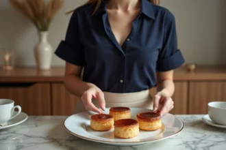 Femme élégante disposant des mini canelés sur une assiette en porcelaine